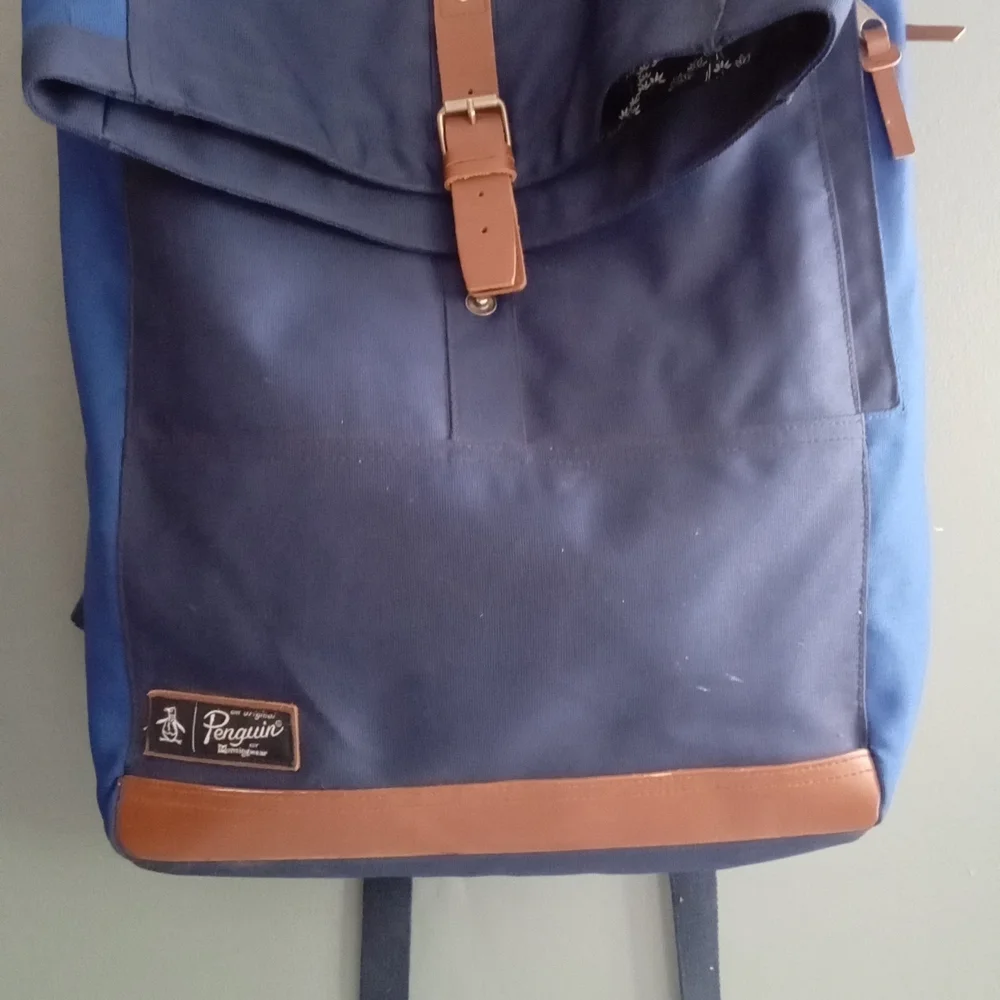 Penguin Backpack Blue Canvas Leather Trim Roll‎ Top Adjustable Straps